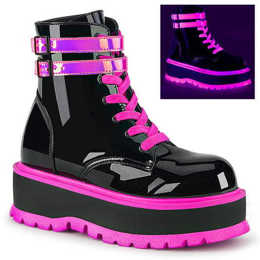 DemoniaCult Botas de tobillo para mujeres SLACKER-52 Blk Pat-UV Rosa iridiscente