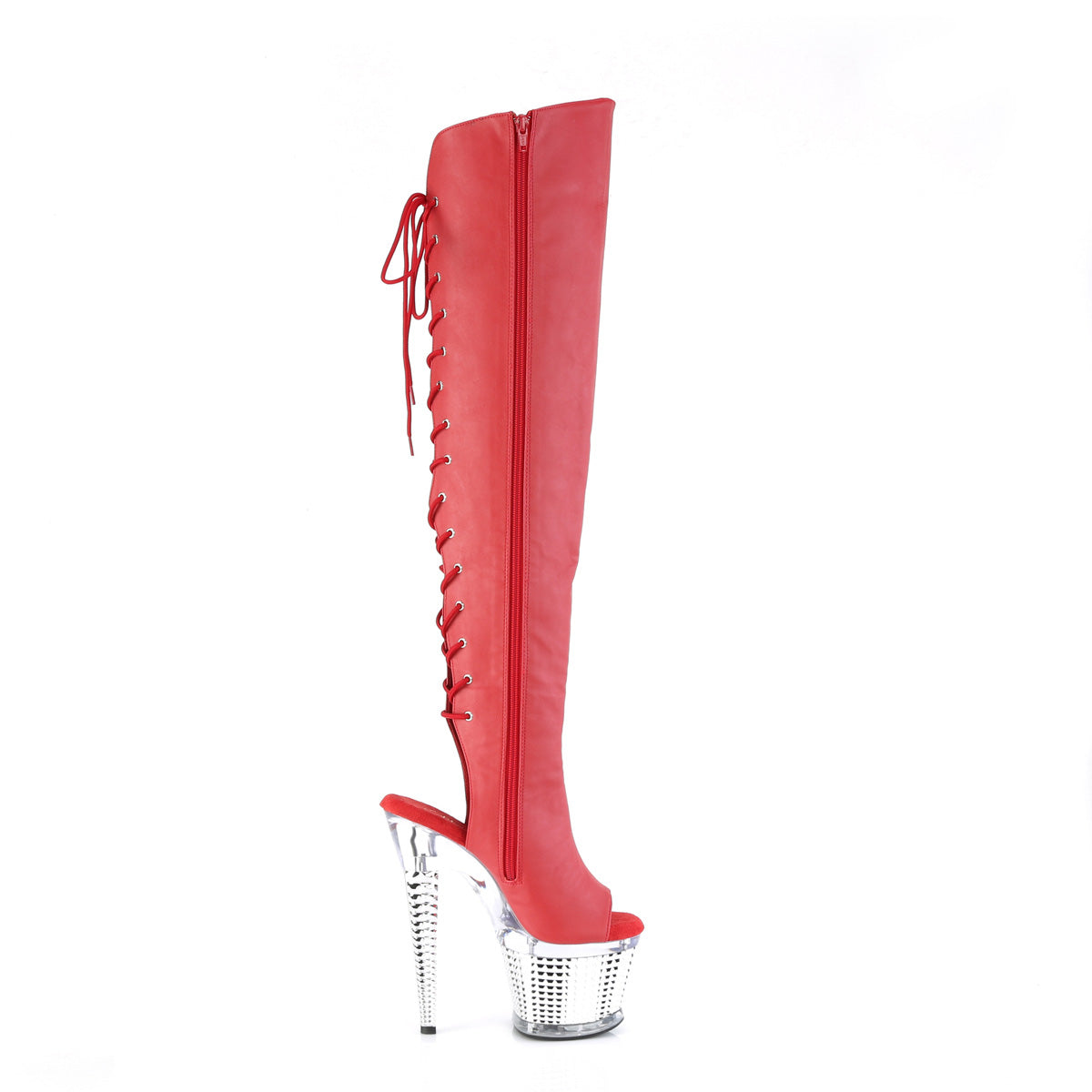 Pleaser Boots SPECTATOR-3019 Red Faux Leather/Clr-Slv Chrome