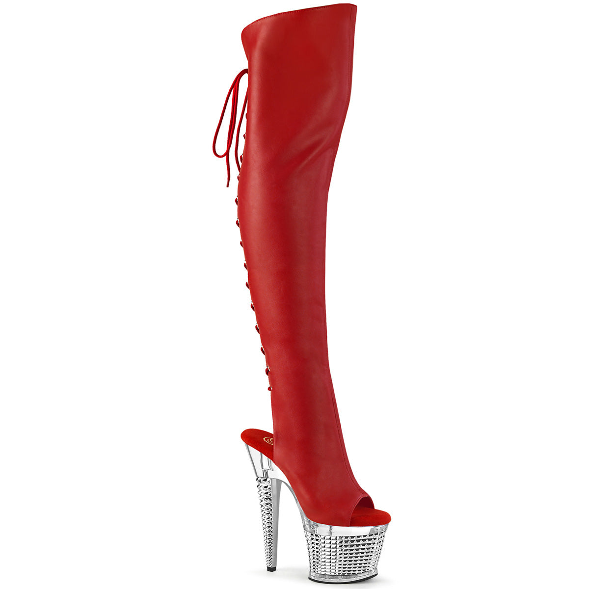 Pleaser Boots SPECTATOR-3019 Red Faux Leather/Clr-Slv Chrome