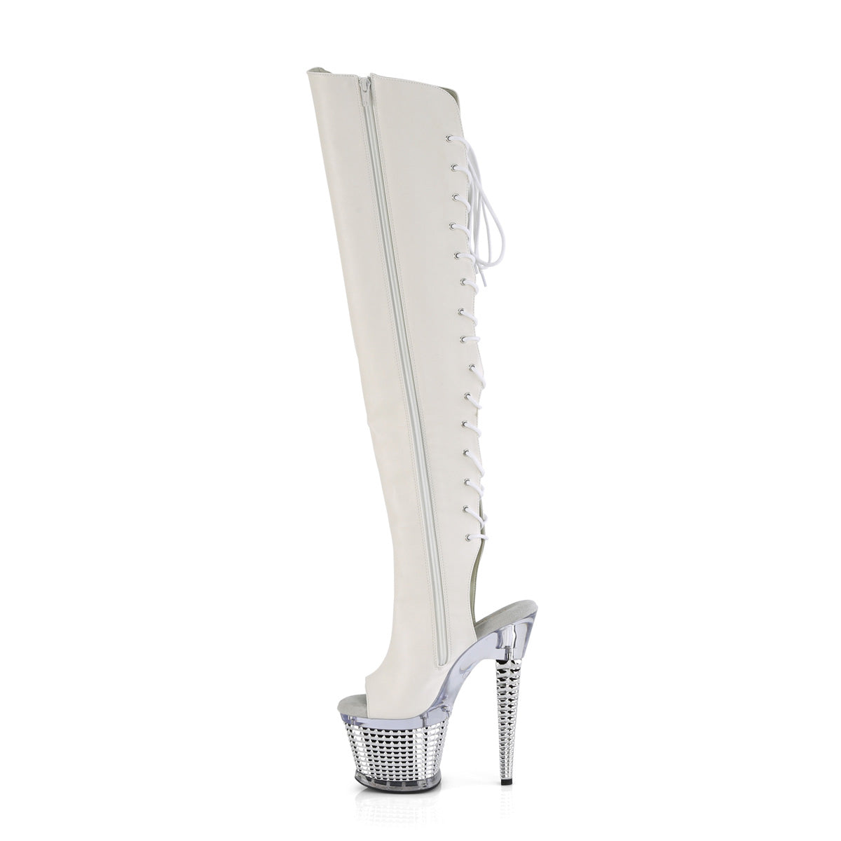 Pleaser Boots SPECTATOR-3019 Wht Faux Leather/Clr-Slv Chrome