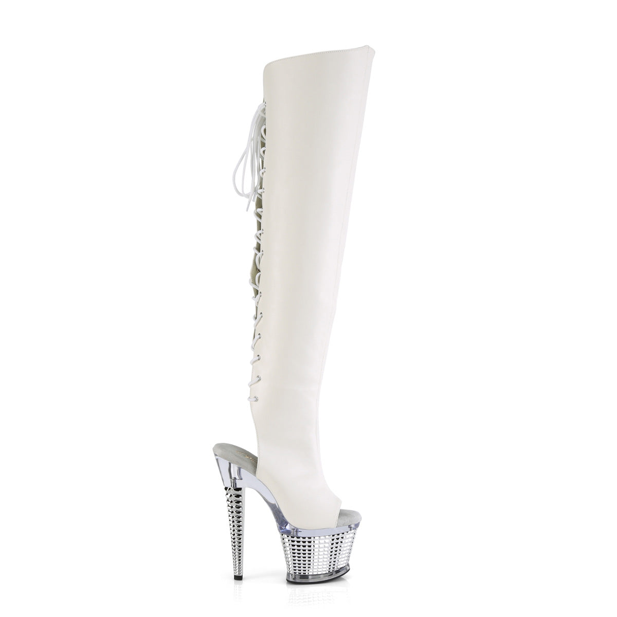 Pleaser Boots SPECTATOR-3019 Wht Faux Leather/Clr-Slv Chrome