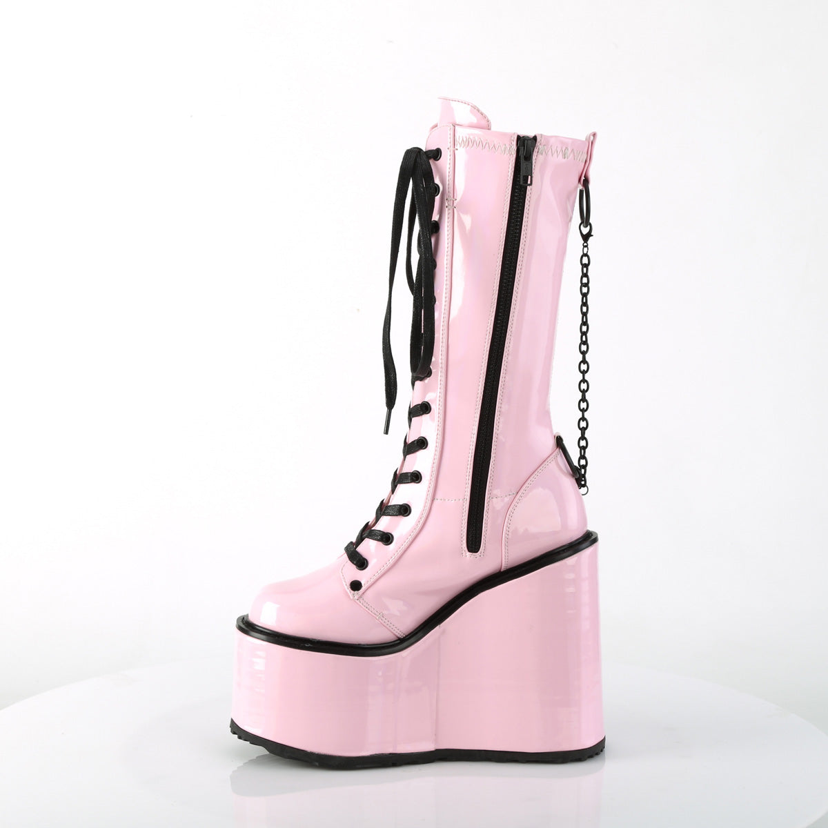 DemoniaCult Botas SWING-150 B. Pat estiramiento holográfico rosa