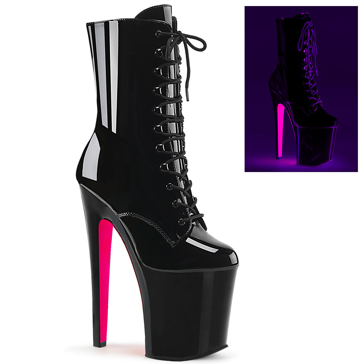 Pleaser Botas de tobillo para mujer XTREME-1020TT BLK PAT / BLK-NEON H. PINK