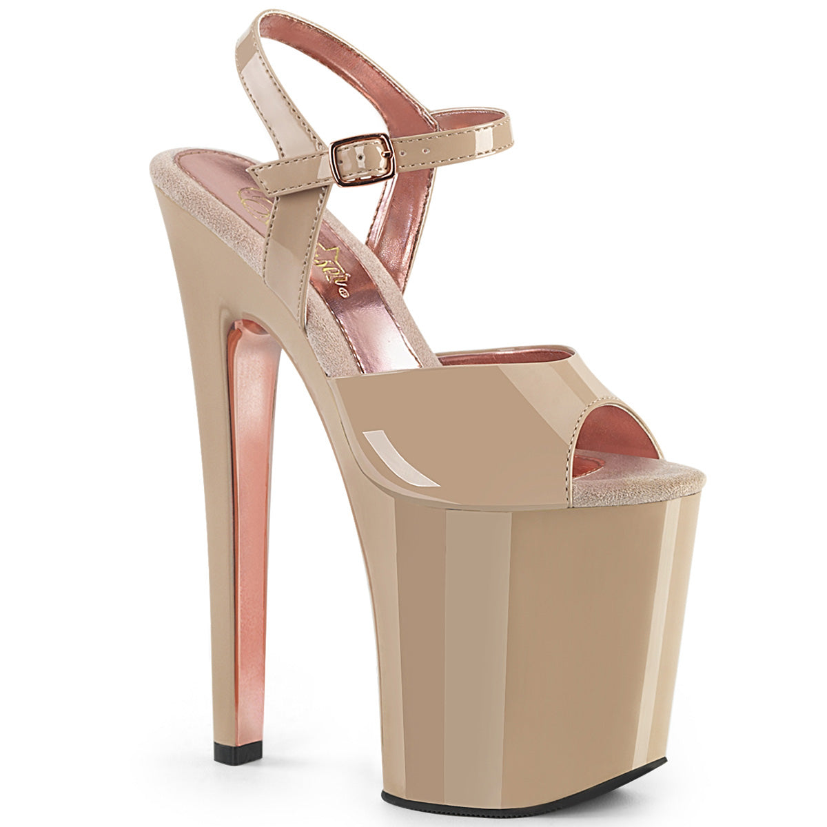 Pleaser Sandalias para mujer XTREME-809TT Nude Pat / Nude-Rose Gold Chrome