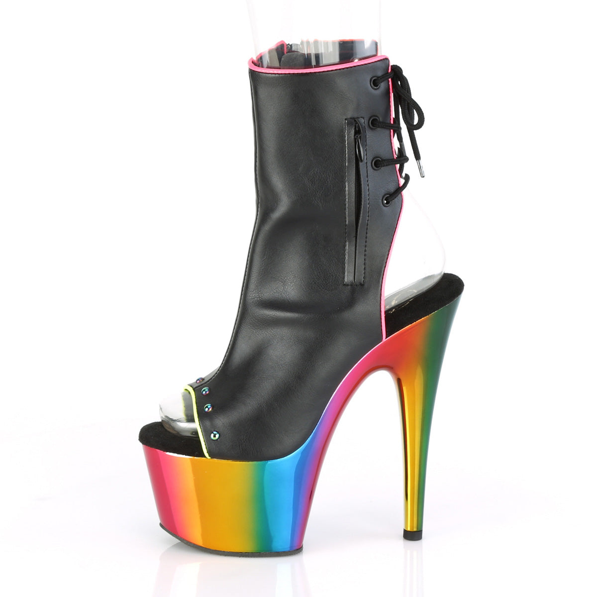 Pleaser Botas de tobillo para mujer ADORE-1018RC-02 BLK Faux Cuero /Rainbow Cromo