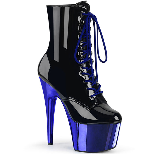 Pleaser Botas de tobillo para mujer ADORE-1020 BLK PAT / Royal Blue Chrome