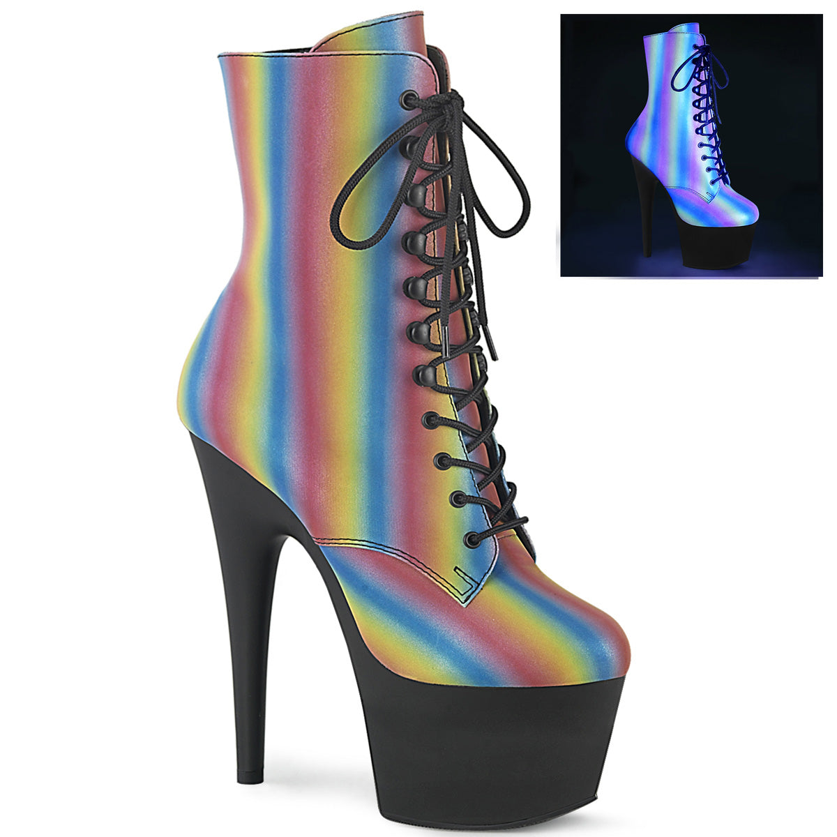 Pleaser Womens Ankle Boots ADORE-1020REFL-02 Rainbow Reflective/Blk Matte