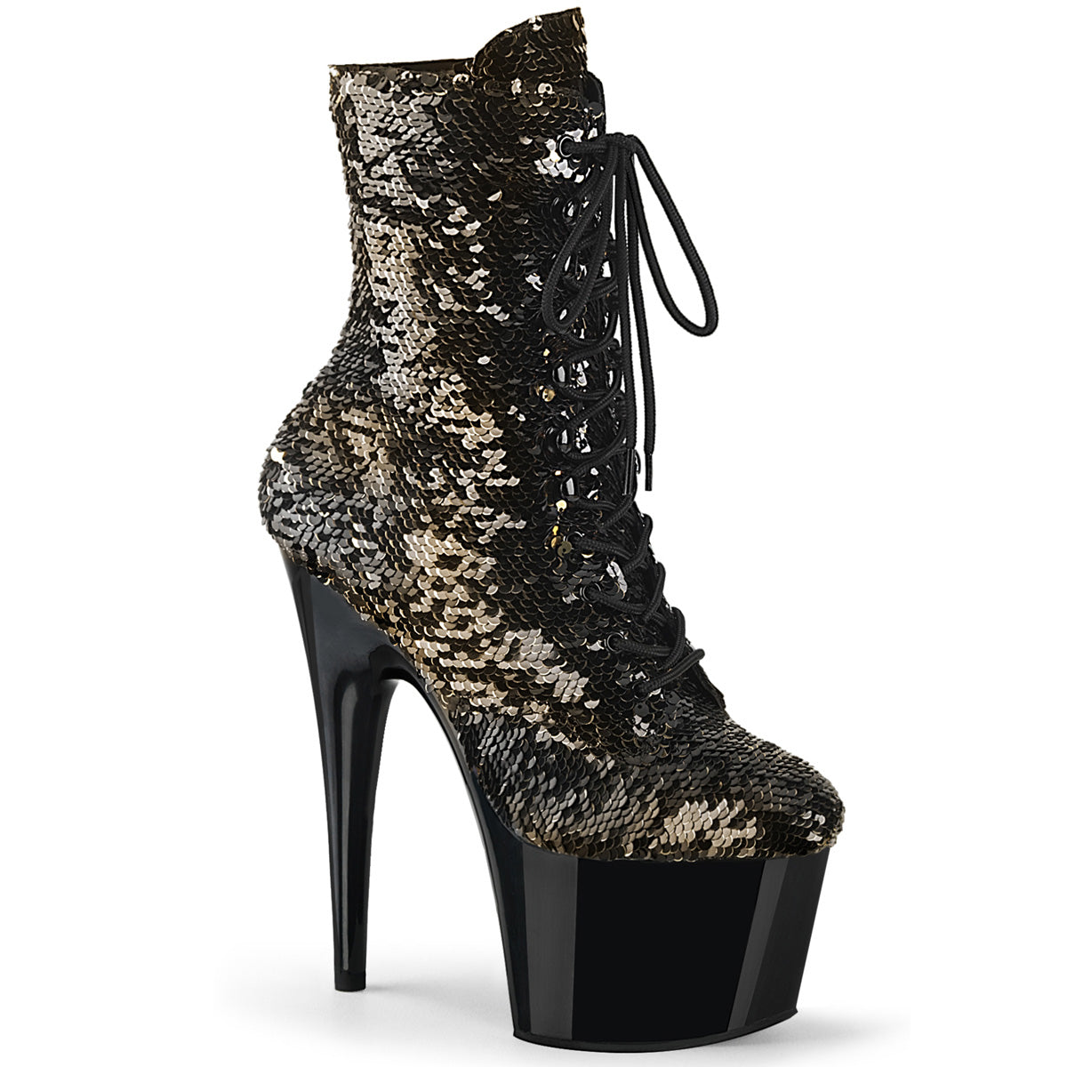 Pleaser Womens Ankle Boots ADORE-1020SQ Blk-Gold Flip Sequins/Blk