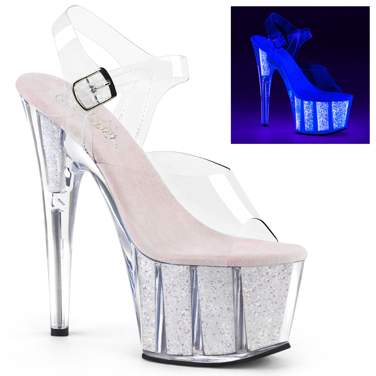 Pleaser Sandalias para mujer ADORE-708uvg clr / neon opal brillo