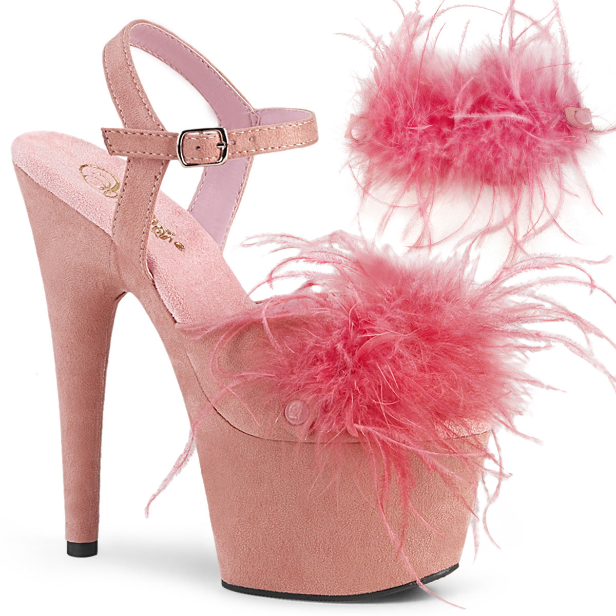 Pleaser Womens Sandals ADORE-709F B. Pink F.Suede-Feather/B. Pink F.Suede