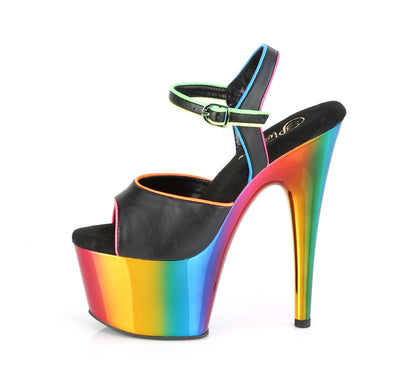 Pleaser Womens Sandals ADORE-709RC-02 Blk Faux Leather/Rainbow Chrome