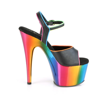 Pleaser Womens Sandals ADORE-709RC-02 Blk Faux Leather/Rainbow Chrome
