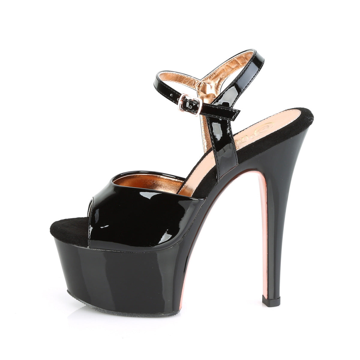 Pleaser Sandalias para mujer ASPIRE-609tt Blk Pat / Blk-Rose Gold Chrome