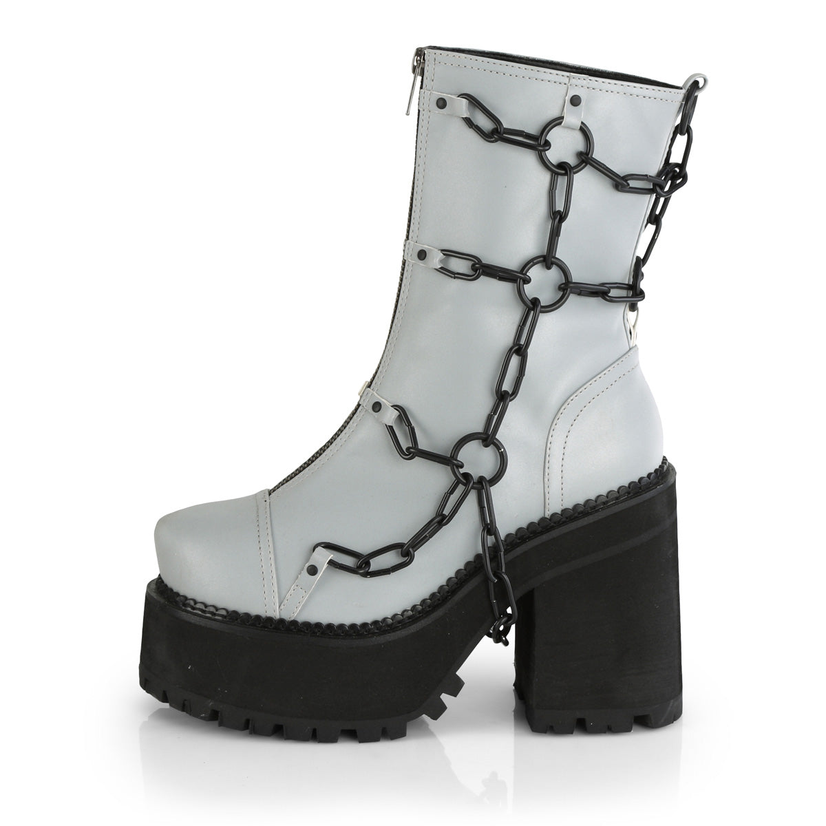 DemoniaCult Botas de tobillo para mujeres ASSAULT-66 cuero vegano reflectante gris