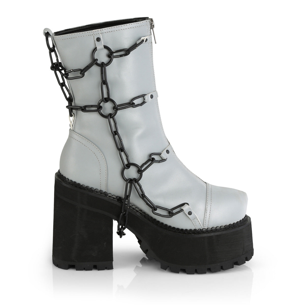 DemoniaCult Botas de tobillo para mujeres ASSAULT-66 cuero vegano reflectante gris