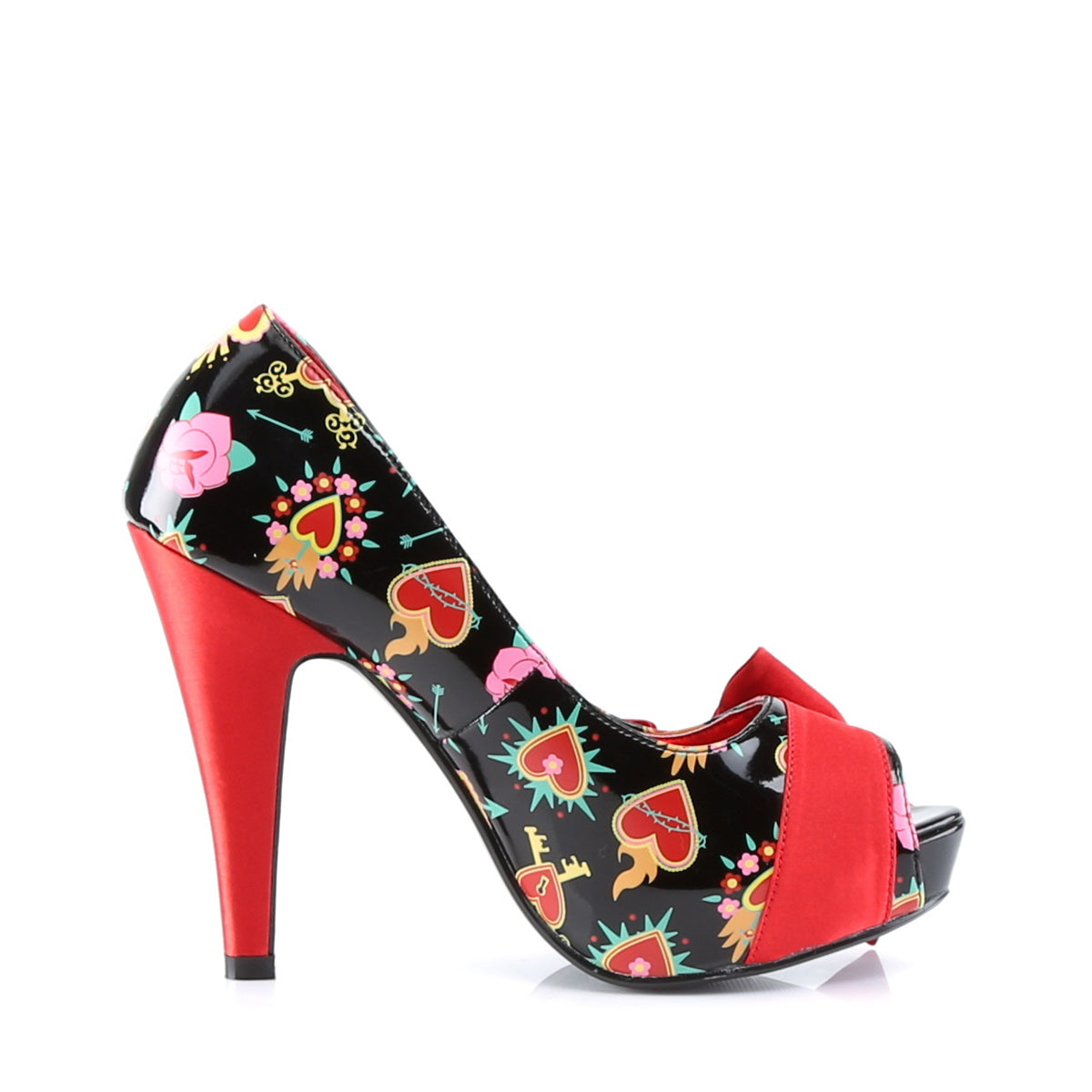 Pin Up Couture Bombas para mujer BETTIE-13 Blk Pat-Road Satin (Corazones Sagrados)