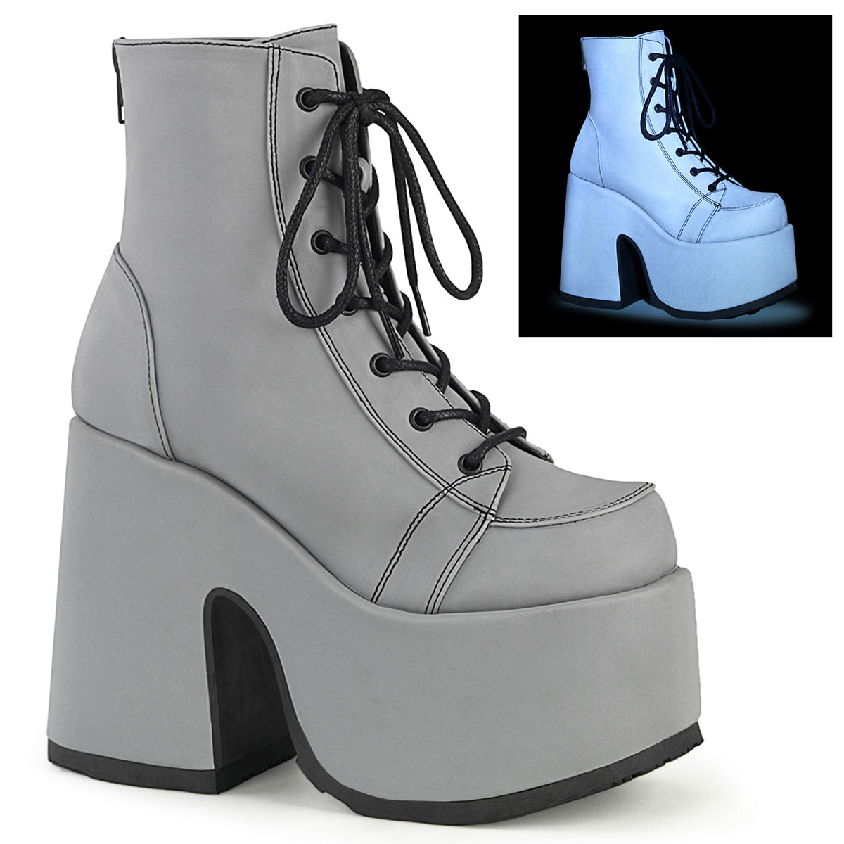 DemoniaCult Botas de tobillo para mujeres CAMEL-203 cuero vegano reflectante gris