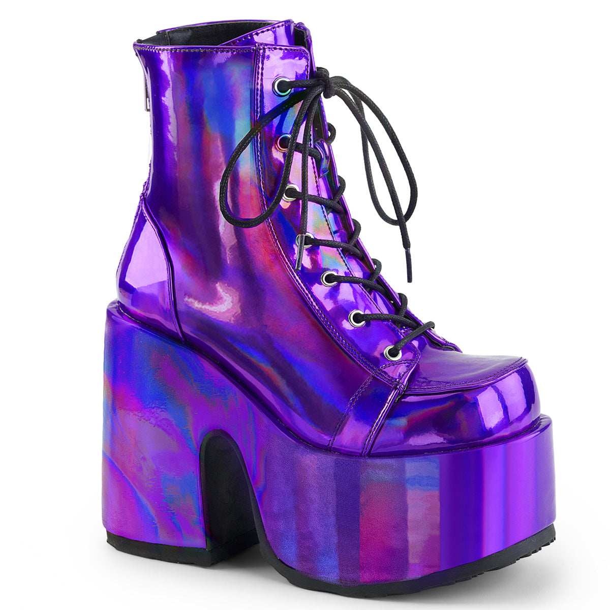 DemoniaCult Botas de tobillo para mujeres CAMEL-203 cuero vegano de holograma púrpura