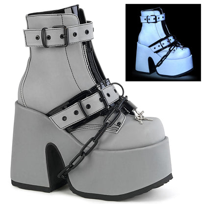 DemoniaCult Botas de tobillo para mujeres CAMEL-205 cuero vegano reflectante gris