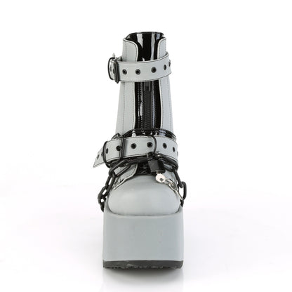 DemoniaCult Botas de tobillo para mujeres CAMEL-205 cuero vegano reflectante gris
