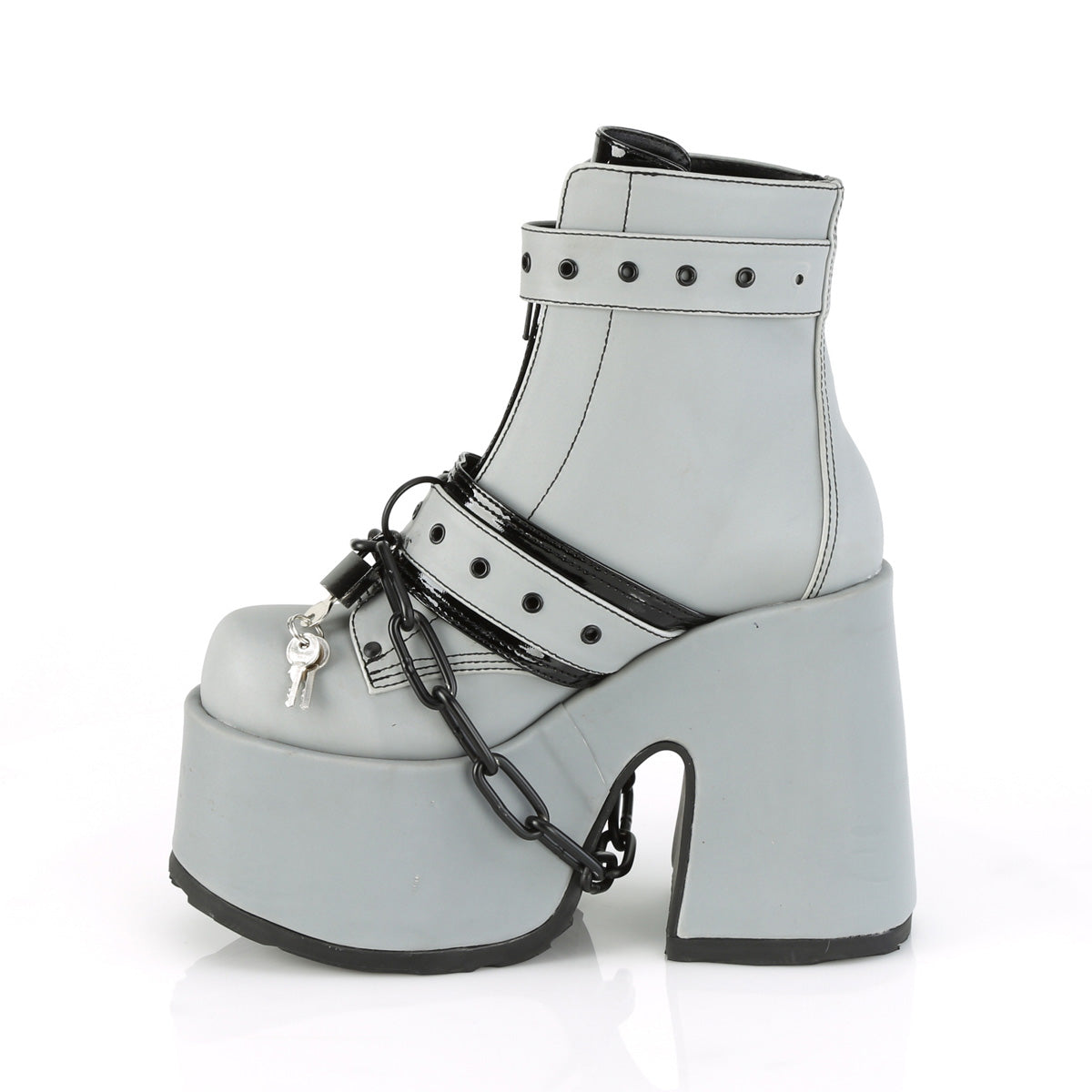 DemoniaCult Botas de tobillo para mujeres CAMEL-205 cuero vegano reflectante gris