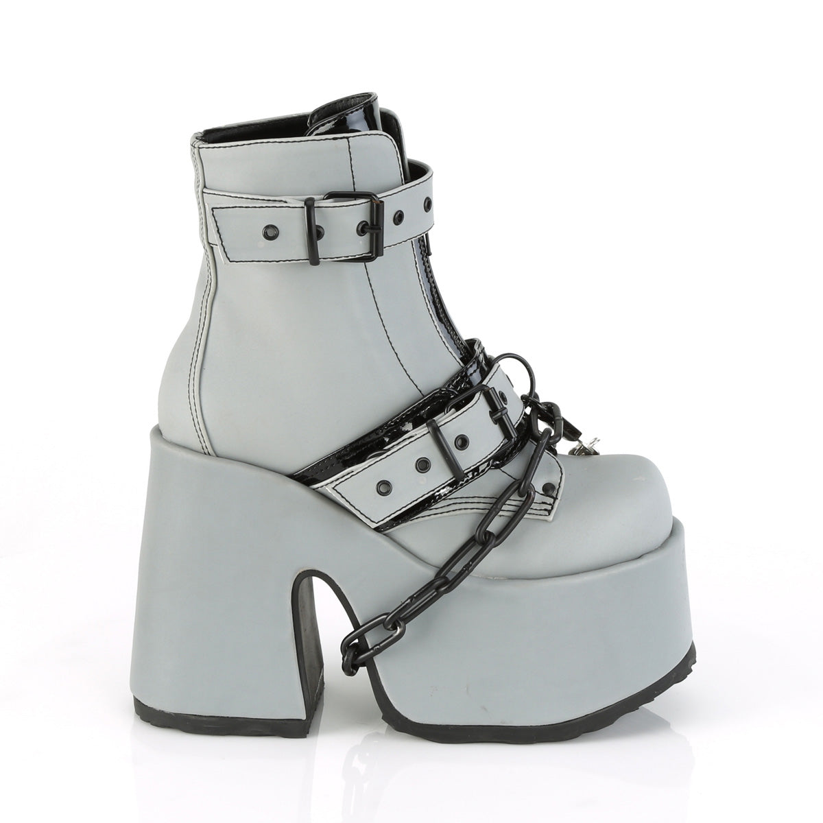 DemoniaCult Botas de tobillo para mujeres CAMEL-205 cuero vegano reflectante gris