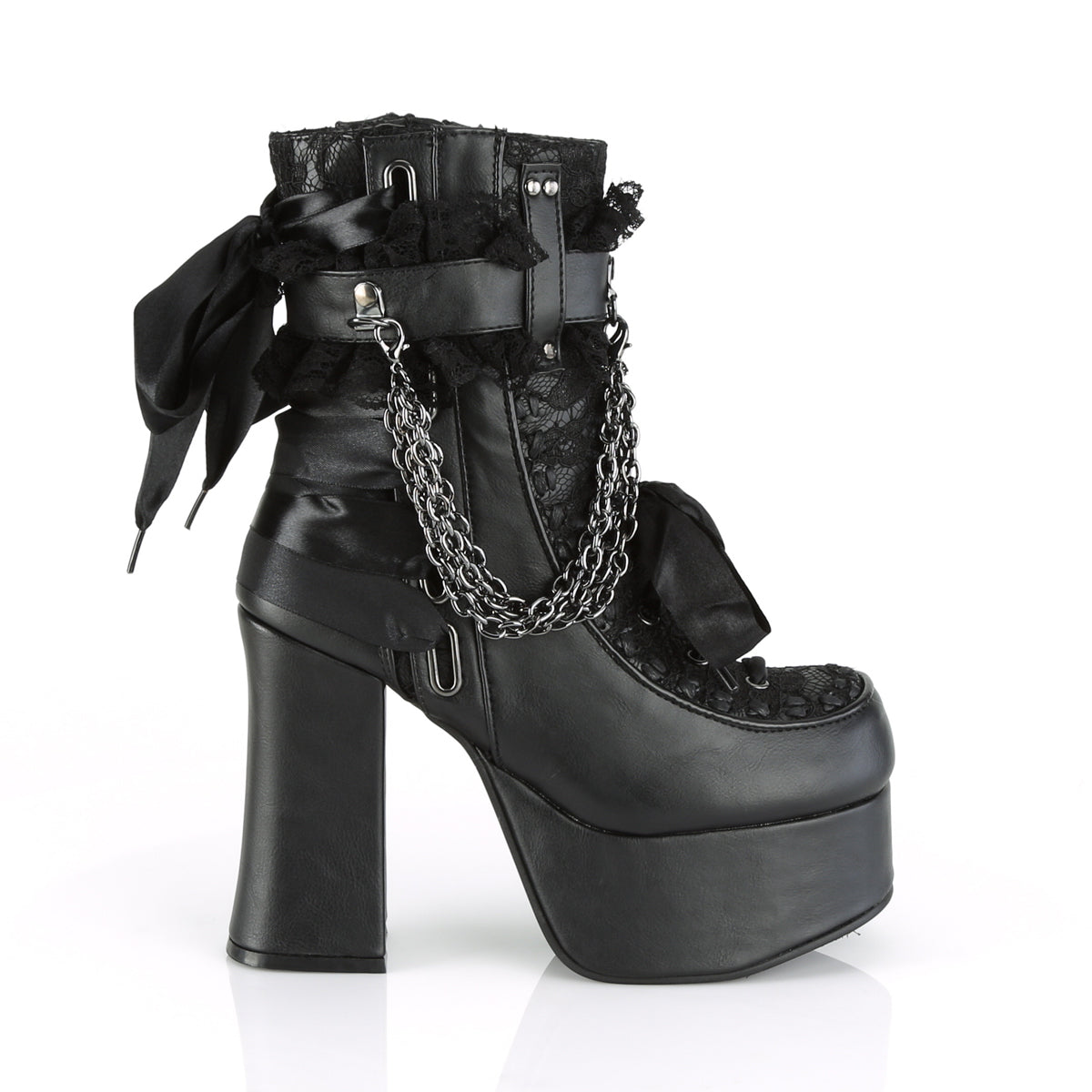 DemoniaCult Womens Ankle Boots CHARADE-110 Blk Vegan Leather-Lace Overlay