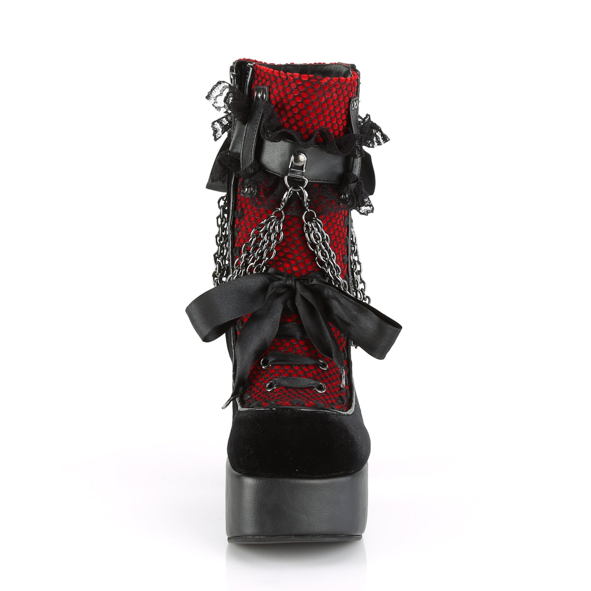 DemoniaCult Botas de tobillo para mujeres CHARADE-110 Blk V. Le-Red-Blk Velvet-Fishnet Superposición