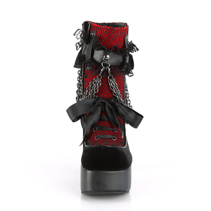 DemoniaCult Botas de tobillo para mujeres CHARADE-110 Blk V. Le-Red-Blk Velvet-Fishnet Superposición