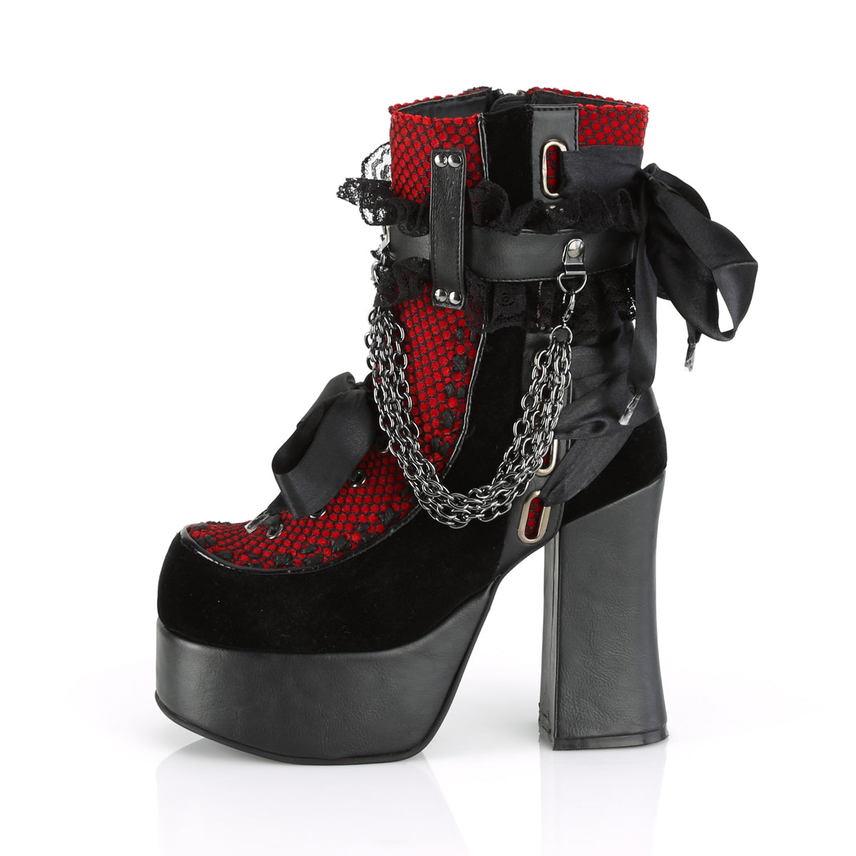 DemoniaCult Botas de tobillo para mujeres CHARADE-110 Blk V. Le-Red-Blk Velvet-Fishnet Superposición