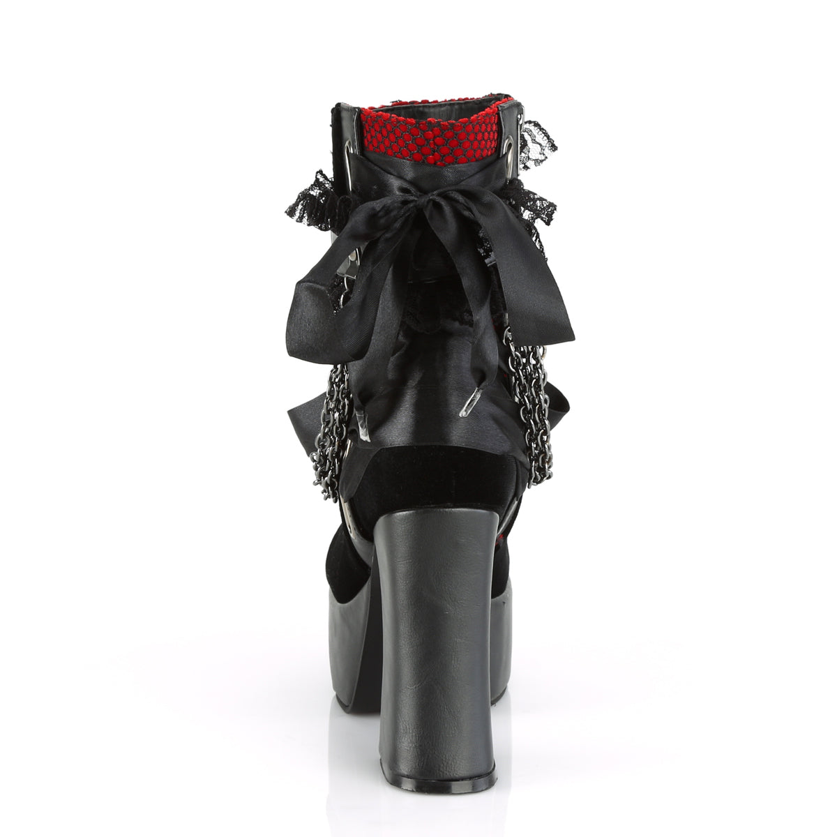 DemoniaCult Botas de tobillo para mujeres CHARADE-110 Blk V. Le-Red-Blk Velvet-Fishnet Superposición