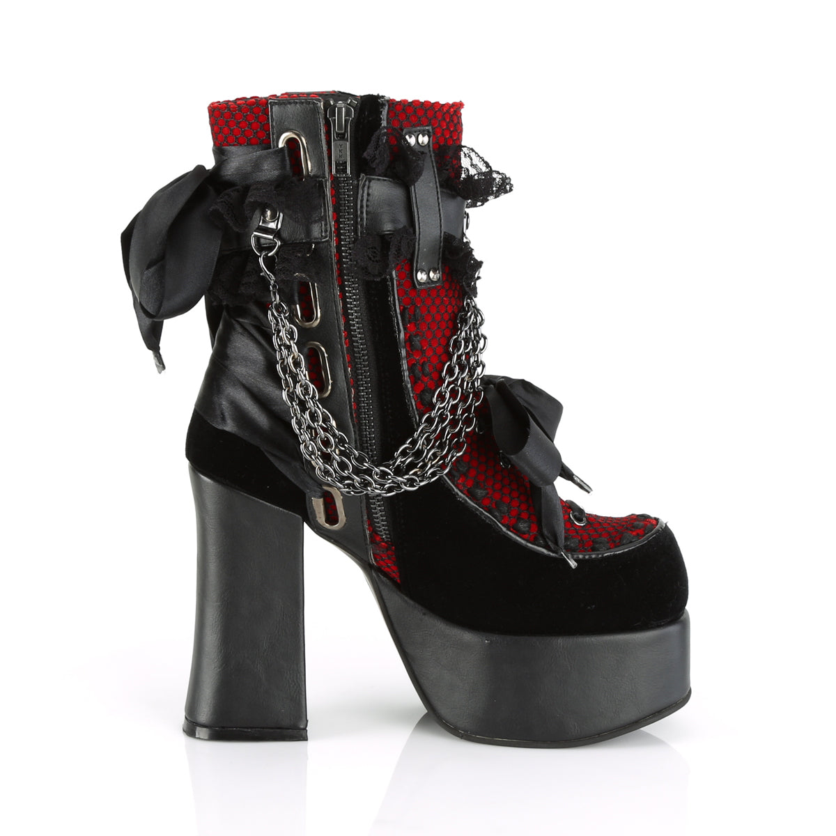DemoniaCult Botas de tobillo para mujeres CHARADE-110 Blk V. Le-Red-Blk Velvet-Fishnet Superposición