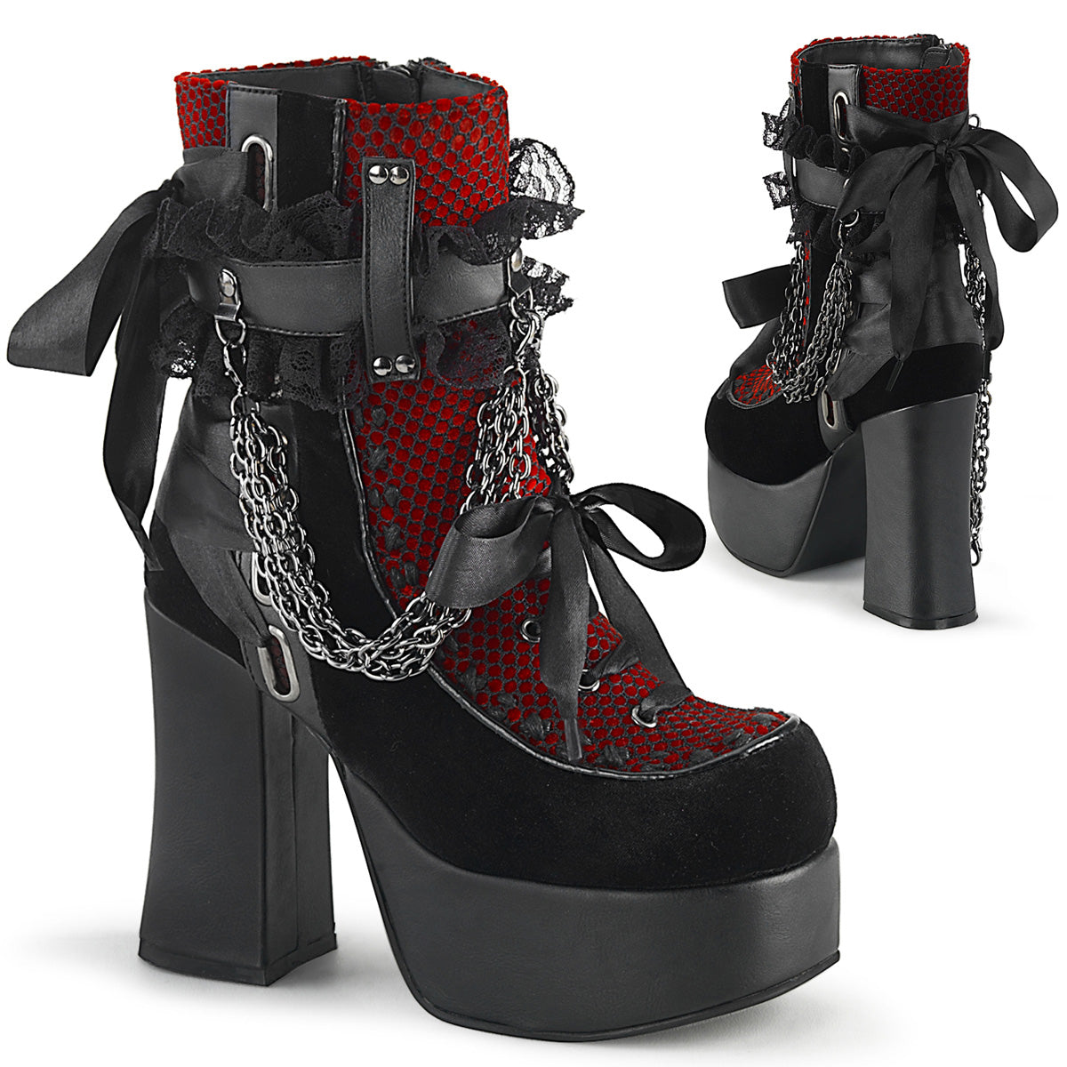 DemoniaCult Womens Ankle Boots CHARADE-110 Blk V. Le-Red-Blk Velvet-Fishnet Overlay