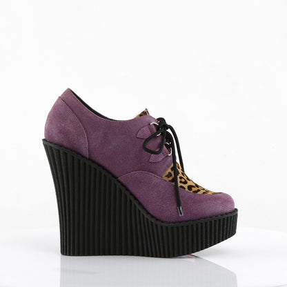 DemoniaCult Womens Low Shoe CREEPER-304 Purple Vegan Suede-Leopard Printed Pony Hair