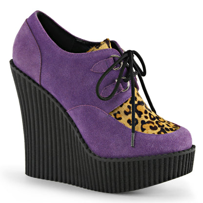 DemoniaCult Womens Low Shoe CREEPER-304 Purple Vegan Suede-Leopard Printed Pony Hair