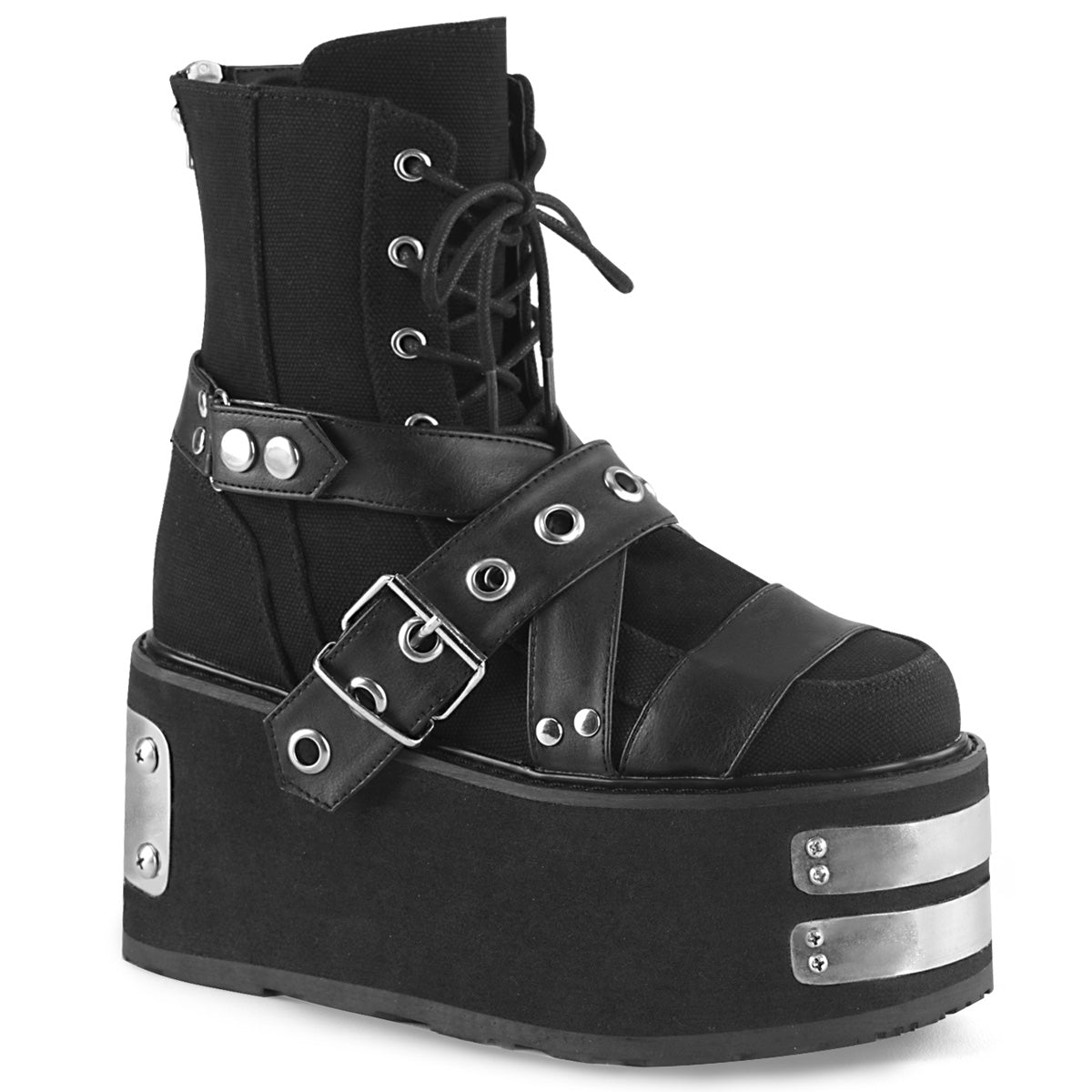 DemoniaCult Botas de tobillo para mujeres DAMNED-116 BLK LANVAS-VEGAN PULO