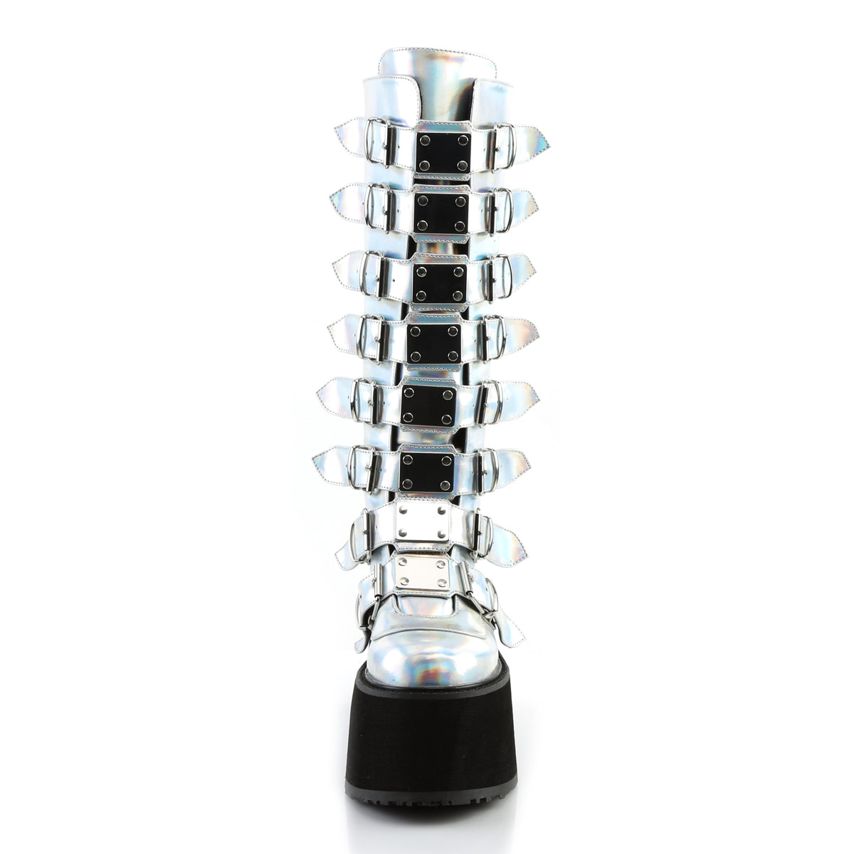 DemoniaCult Botas de mujer DAMNED-318 PLATA Holograma de cuero vegano