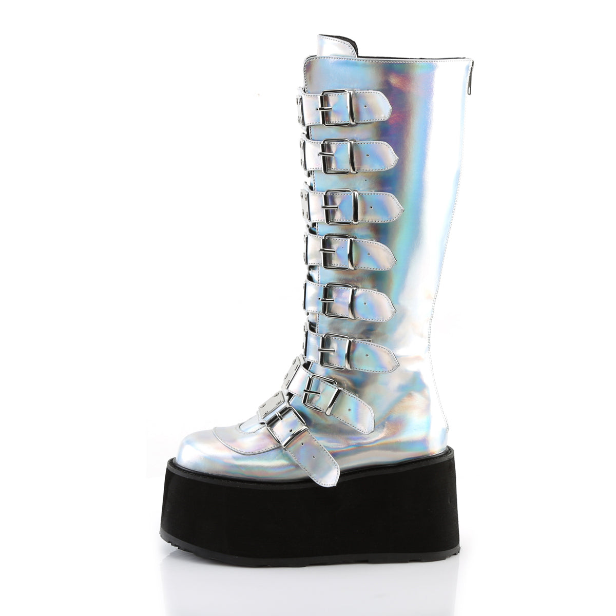 DemoniaCult Botas de mujer DAMNED-318 PLATA Holograma de cuero vegano