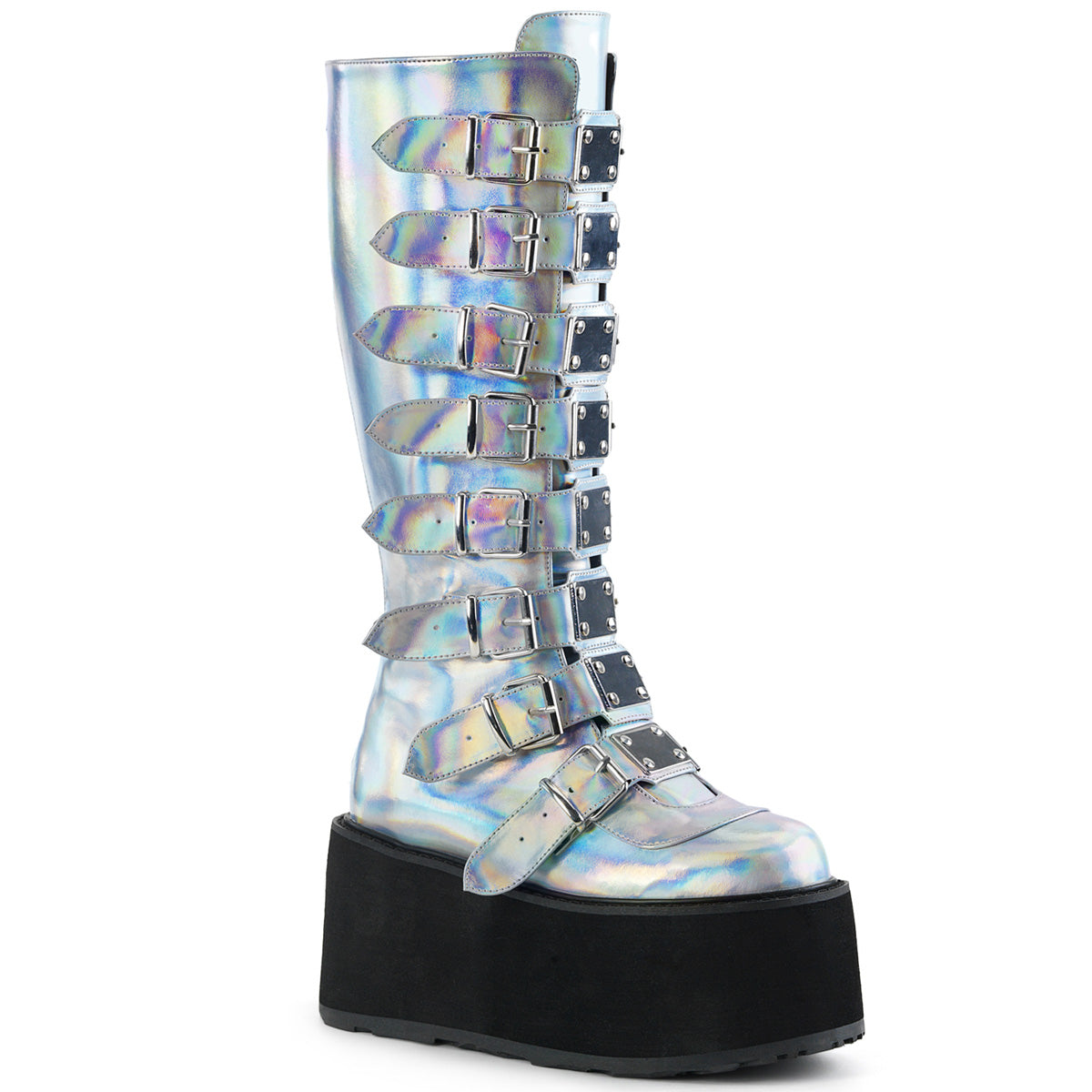 DemoniaCult Botas de mujer DAMNED-318 PLATA Holograma de cuero vegano