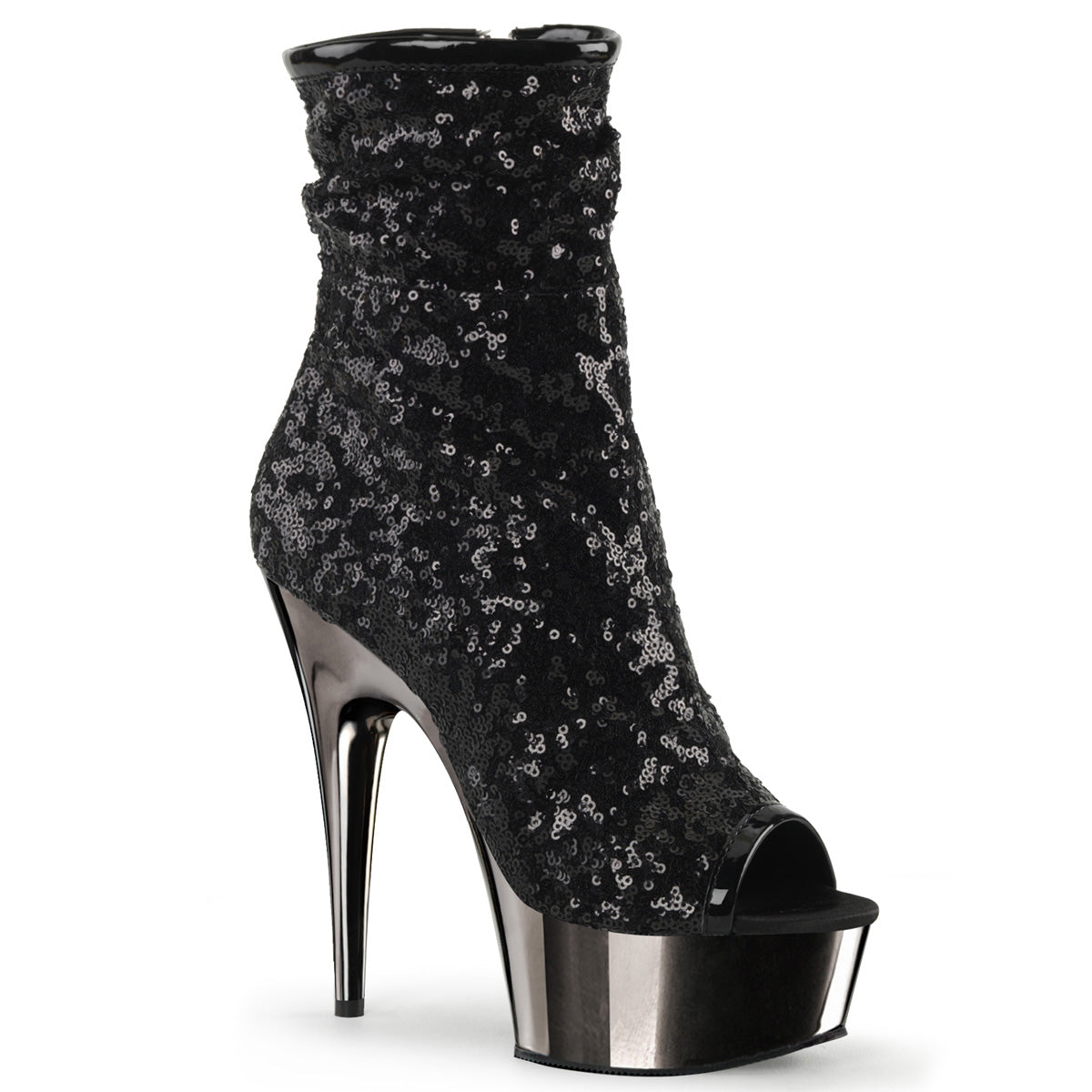 Pleaser Womens Ankle Boots DELIGHT-1008SQ Blk Sequins/Dark Pewter Chrome