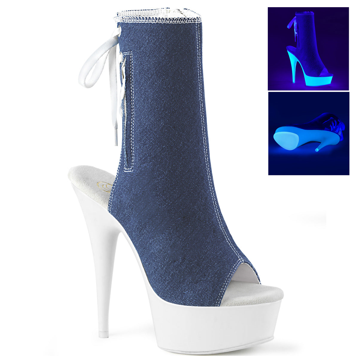 Pleaser Botas de tobillo para mujer DELIGHT-1018sk Denim Blue Canvas / Neon White
