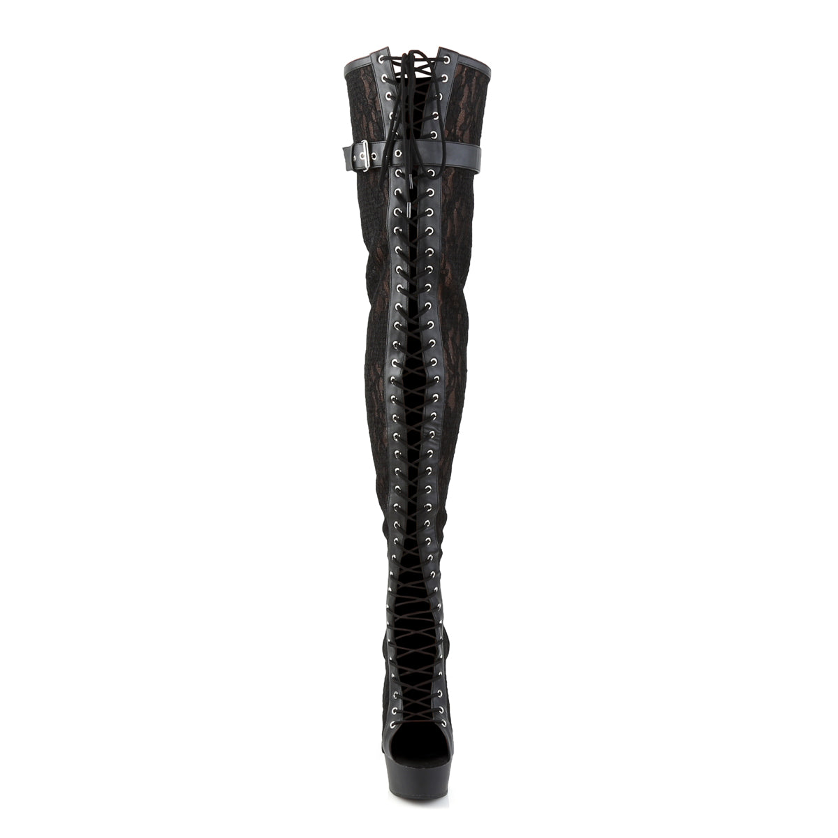 Pleaser Womens Boots DELIGHT-3025ML Blk Faux Leather-Mesh-Lace/Blk Matte
