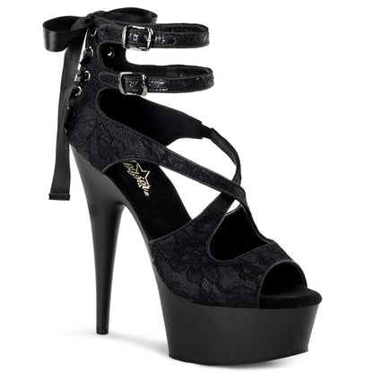 Pleaser Womens Sandals DELIGHT-678LC Blk Satin-Lace/Blk Matte