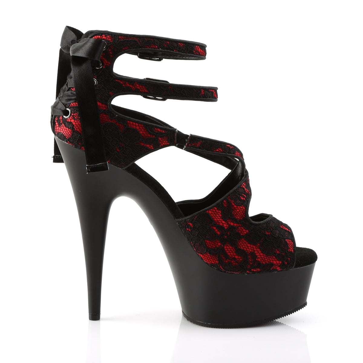 Pleaser Womens Sandals DELIGHT-678LC Red Satin-Lace/Blk Matte