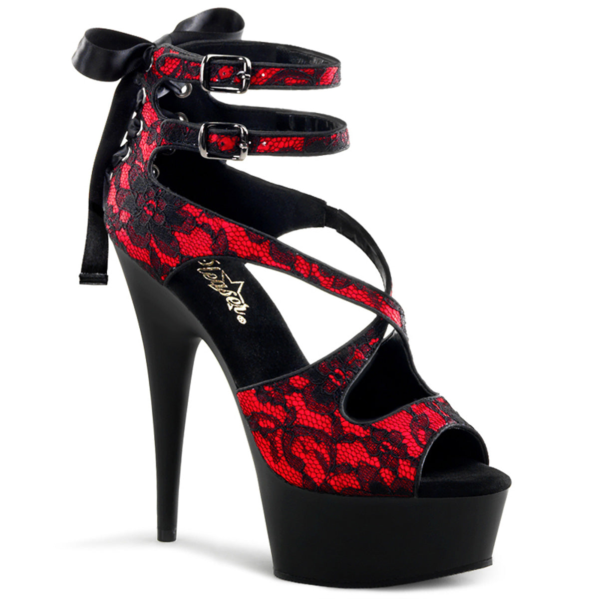 Pleaser Womens Sandals DELIGHT-678LC Red Satin-Lace/Blk Matte