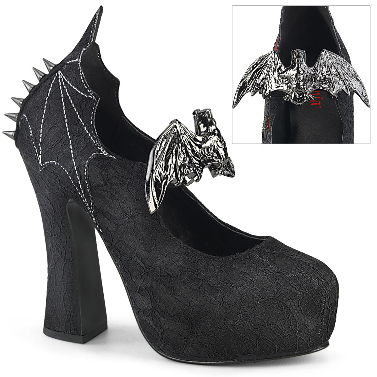 DemoniaCult Bombas de mujeres DEMON-18 BLK encaje negro satinado