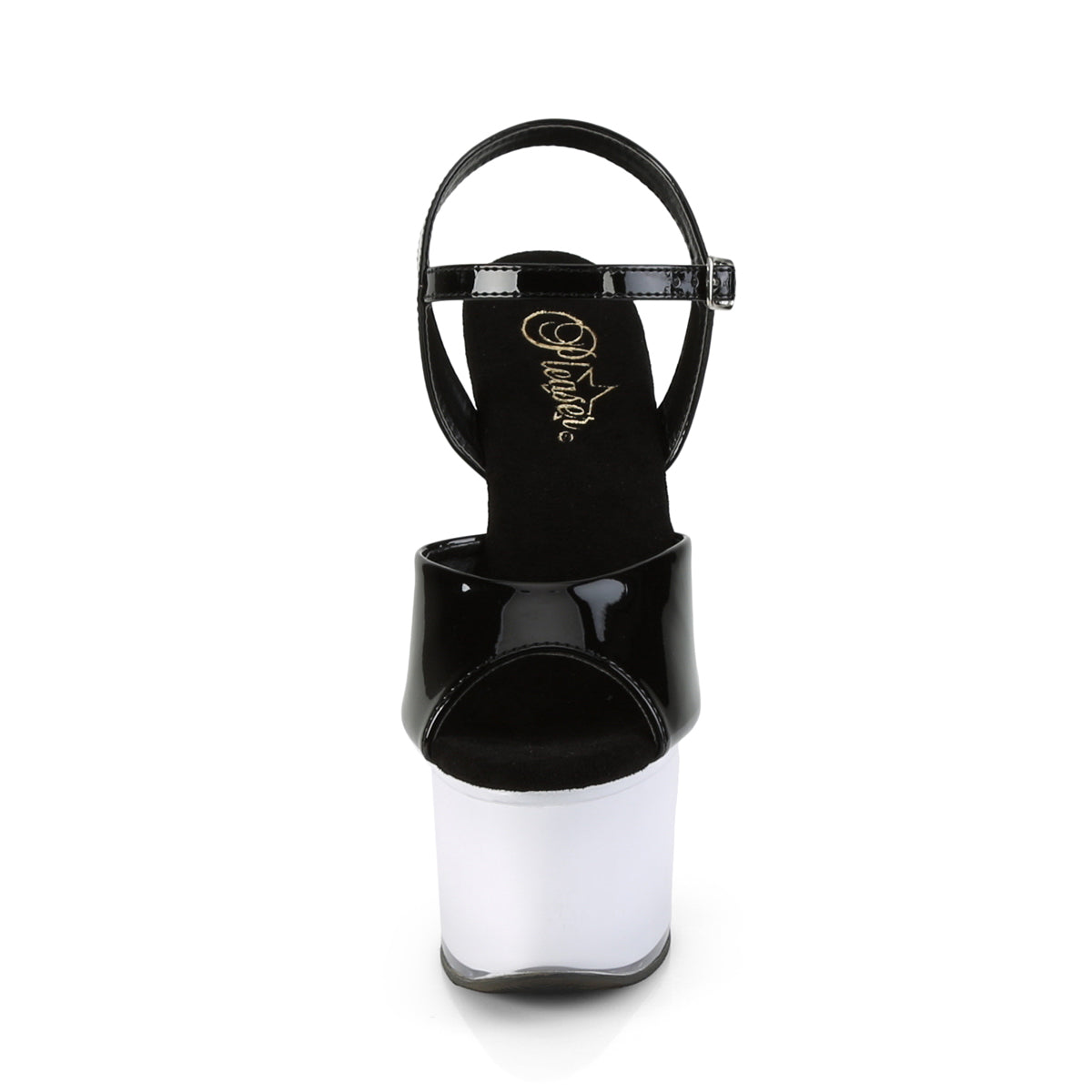 Pleaser Sandalias para mujer DISCOLITE-709 BLK PAT / WHITE GLOW