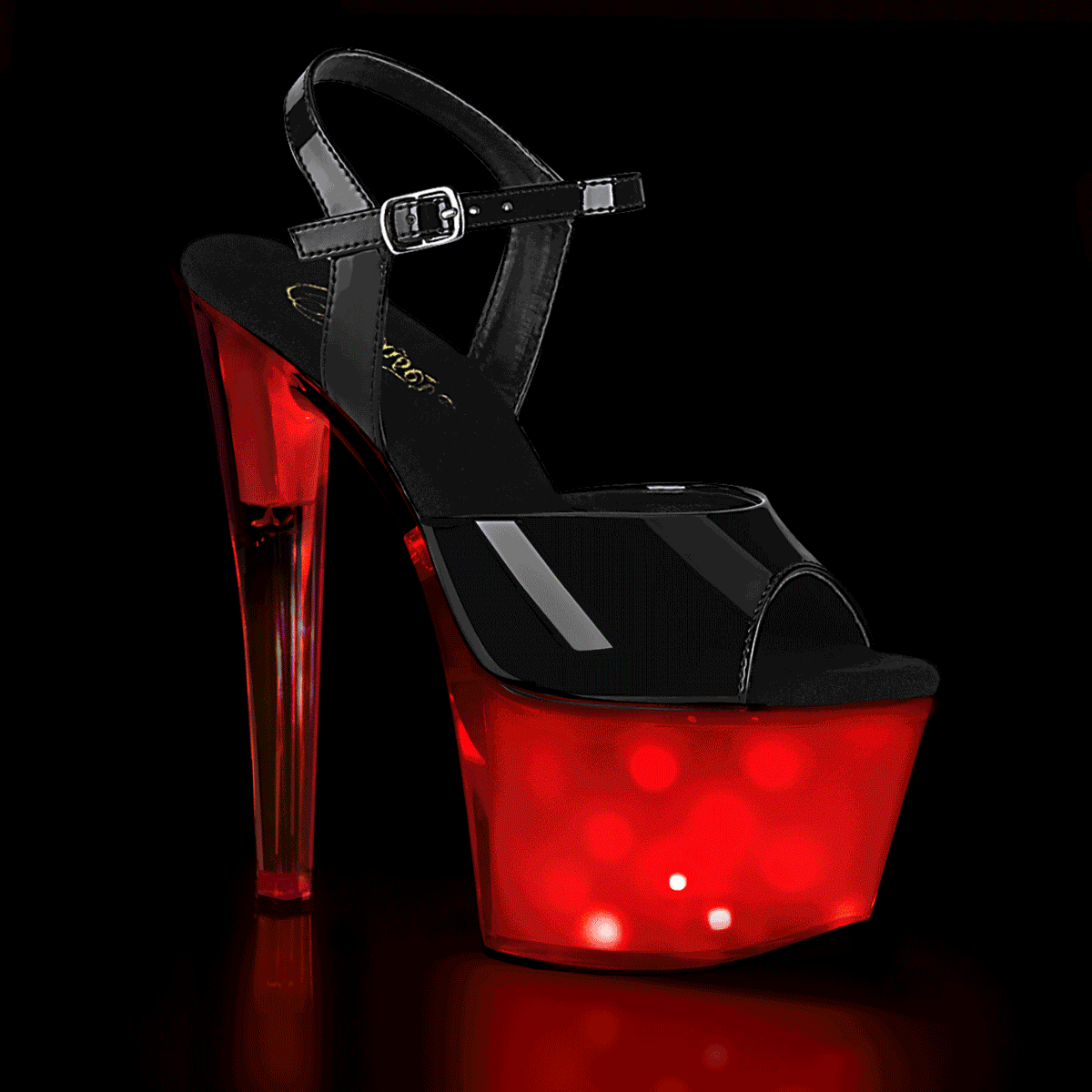 Pleaser Sandalias para mujer DISCOLITE-709 BLK PAT / WHITE GLOW