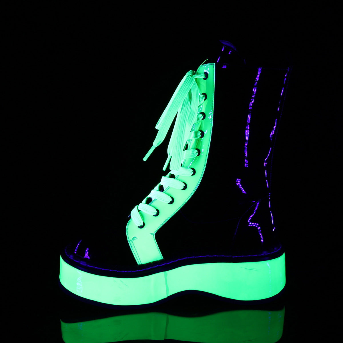 DemoniaCult Botas de mujer EMILY-350 Blk Pat-Uv Neon Green