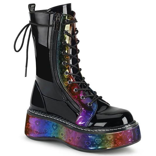 DemoniaCult Botas de mujer EMILY-350 Blk Pat-Rainbow Holograma con corazones